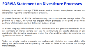 佛瑞亚就资产剥离进程发布声明，将出售部分汽车内饰业务