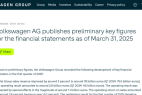 大众汽车集团Q1营业利润同比下降近40%